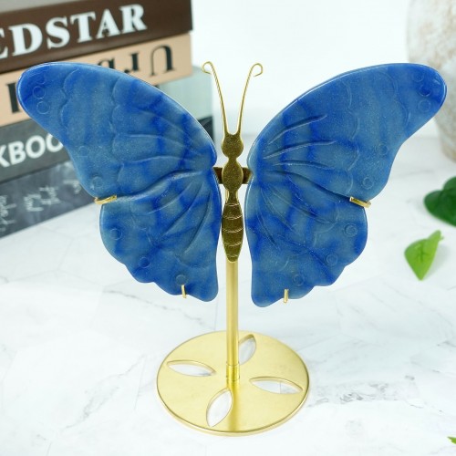 5" 353g Butterfly Wings Natural Crystal Statue Carved Blue Aventurine Copper Holder