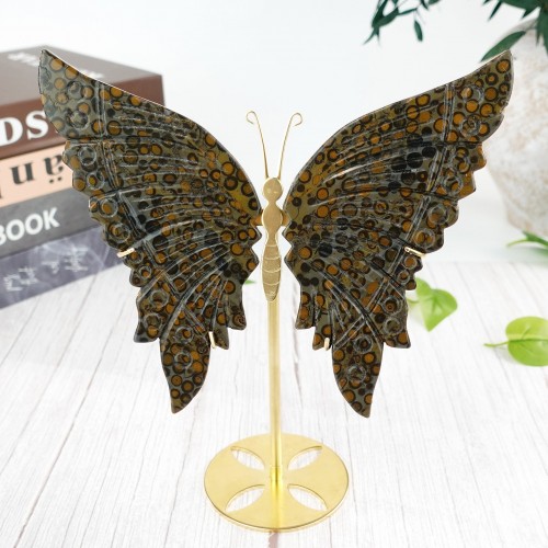 7" 509g Butterfly Wing Natural Crystal Statue Carved Leopard Skin Stone Copper Holder