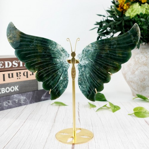 6.9" 547g Butterfly Wing Natural Crystal Statue Carved Moss Agate Copper Holder