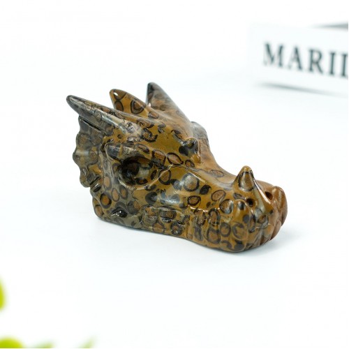 3" Dragon Head Skull Leopard Skin Stone Carved Natural Crystal Statue Healing