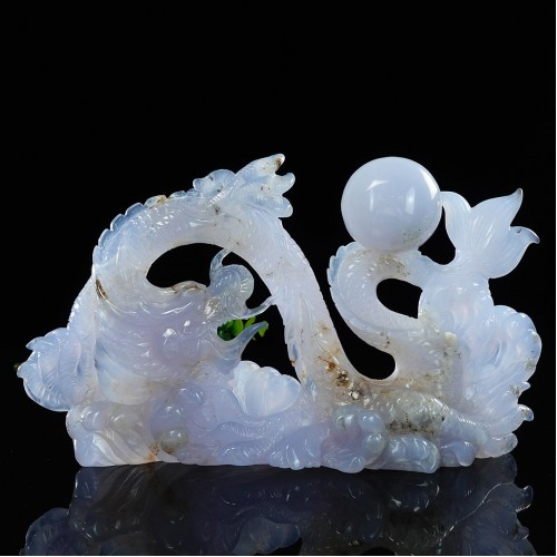 10" Blue Chalcedony Realistic Dragon Skull Statue Natural Crystal Stone Sculpture