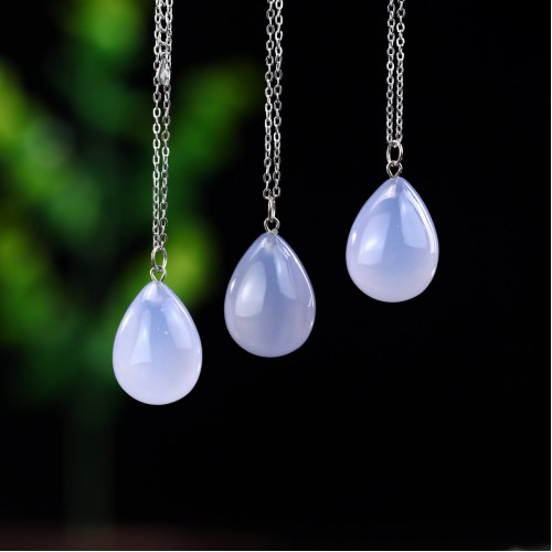 Natural Crystal Drop Shaped Blue Chalcedony Pendant Hand Carved Polished 1pc