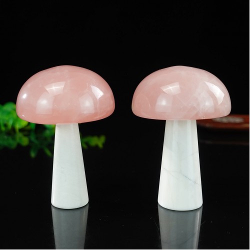 3.5" Mushroom Hand Carving Pink Rose Quartz White Jade Natural Crystal Statue