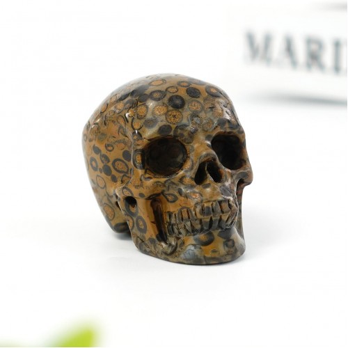 2" Realistic Skull Hand Carved Leopard Skin Stone Quartz Natural Crystal Statue Healing Sculpture