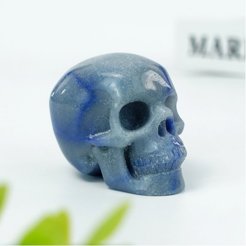 2" Realistic Skull Hand Carved Blue Aventurine Quartz Stone Natural Crystal Statue Healing Sculpture