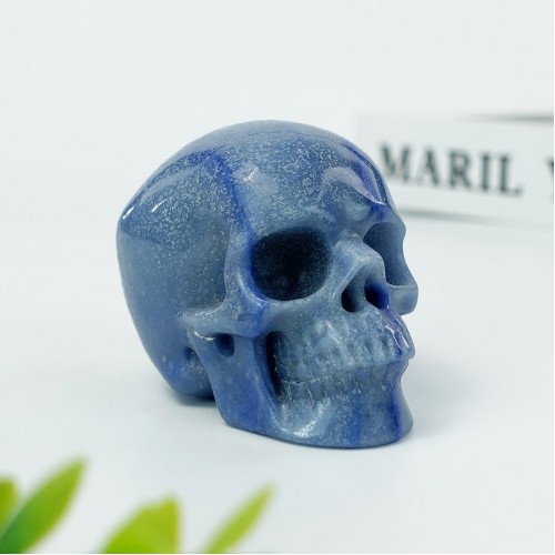 3" Realistic Skull Hand Carved Blue Aventurine Quartz Stone Natural Crystal Statue Healing Sculpture