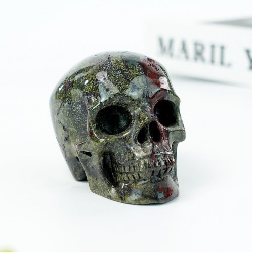 3" Realistic Skull Hand Carved Dragon Blood Jasper Quartz Stone Natural Crystal Statue Healing Sculpture