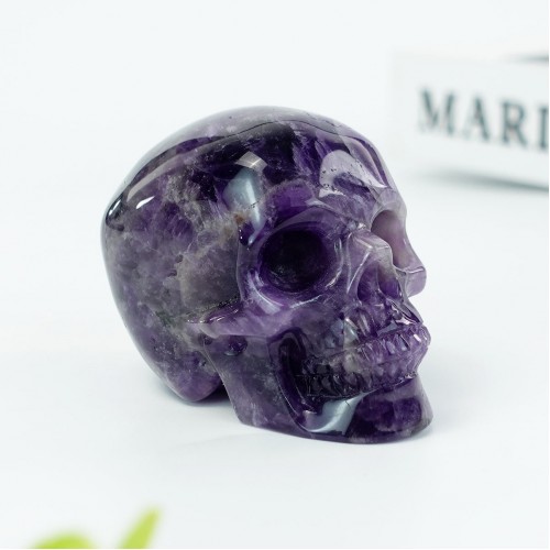 3" Realistic Skull Hand Carved Dream Amethyst Quartz Stone Natural Crystal Statue Healing Sculpture