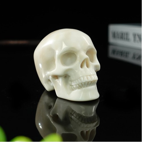 3" Realistic Skull Hand Carved White Ivory Jade Stone Natural Crystal Statue Healing Sculpture