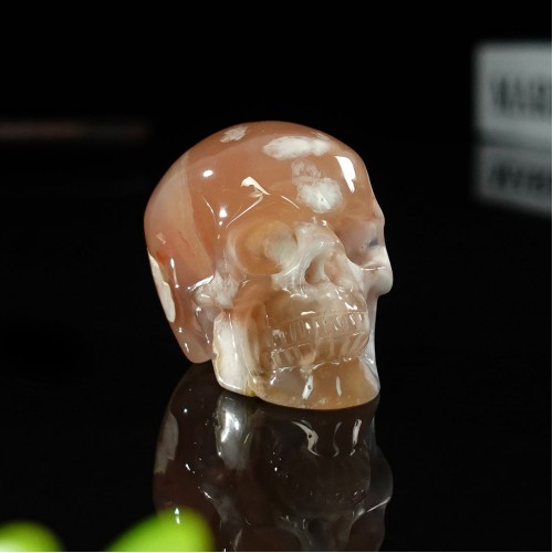 2" Realistic Skull Hand Carved Sakura Agate Quartz Stone Natural Crystal Statue Healing Sculpture