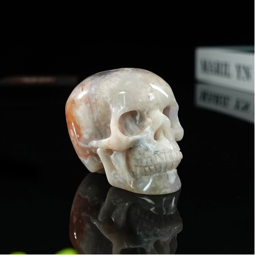 3" Realistic Skull Hand Carved Sakura Agate Quartz Stone Natural Crystal Statue Healing Sculpture