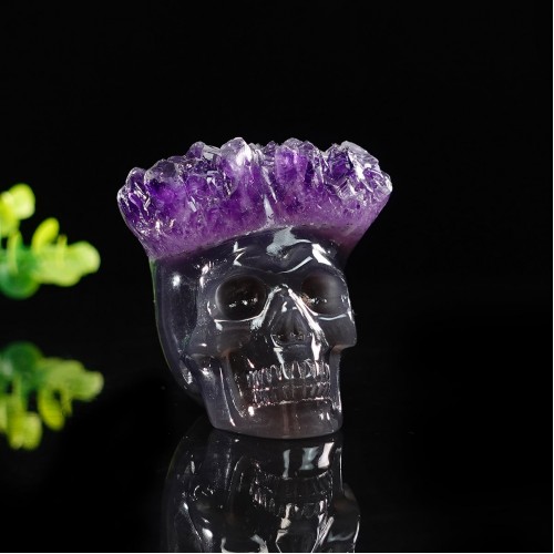 2.3" Skull Hand Carved Amethyst Quartz Geode Druse Clust Natural Crystal Healing