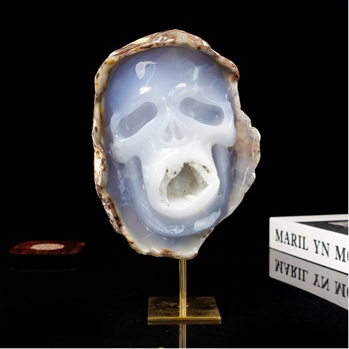 2344g 7.4" Skull Blue Chalcedony Geode Druse Hand Carved Natural Crystal Statue