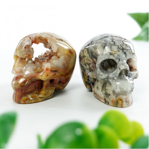 2.2" Crazy Agate Carved Realistic Skull Natural Crystal Statue Stone Sculpture