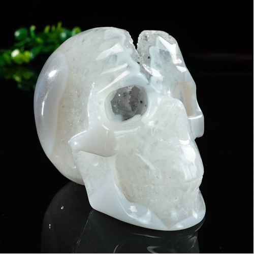 3" Skull Agate Quartz Geode Druse Clust Hand Carved Natural Crystal Stone Statue