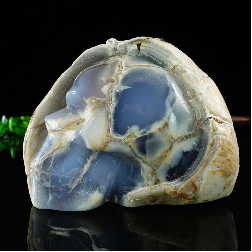 4.4" Blue Chalcedony Rough Stone Carved Realistic Skull Natural Crystal Statue