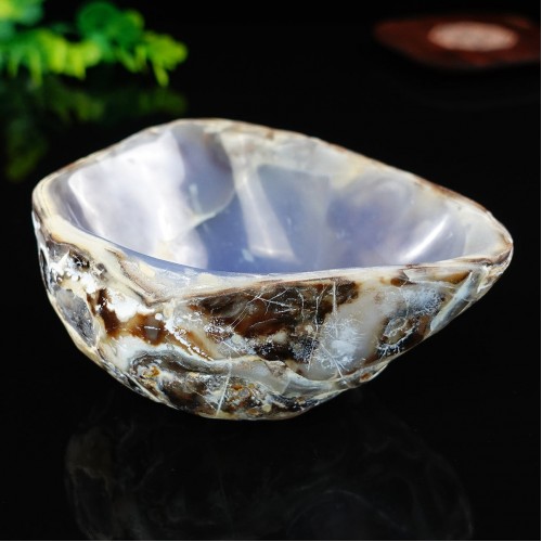 4.5" 389g Stone Bowl Carved Natural Blue Chalcedony Gemstone Container Art Decor