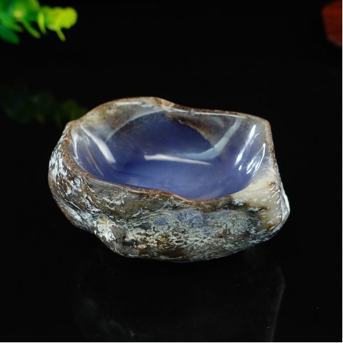 3.7" Natural Blue Chalcedony Hand Carved Bowl Home Decor Reiki Healing