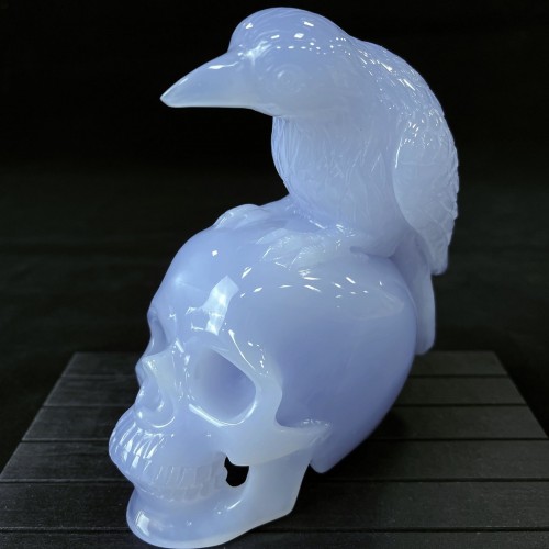 5.2" Top A+ Level Blue Chalcedony Skull&Raven Sculpture Hand Carved Quartz Crystal Home Office Decor Collection