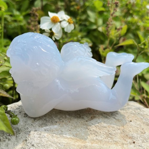 New Orignal 4" Blue Chalcedony Crystal Angel Nice Chalcedony Carving Angle Figurine Chakra Healing Stone Home Office Decor