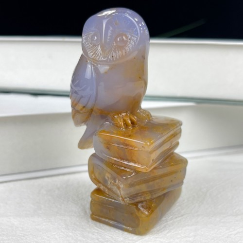 DO-Chalcedony Jasepr Carved Crystal Owl with Books, Cute Crystal Owl Statue