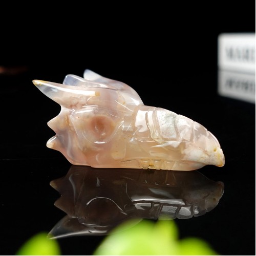 3" Phoenix Bird Head Skull Sakura Agate Carved Natural Crystal Statue Quartz