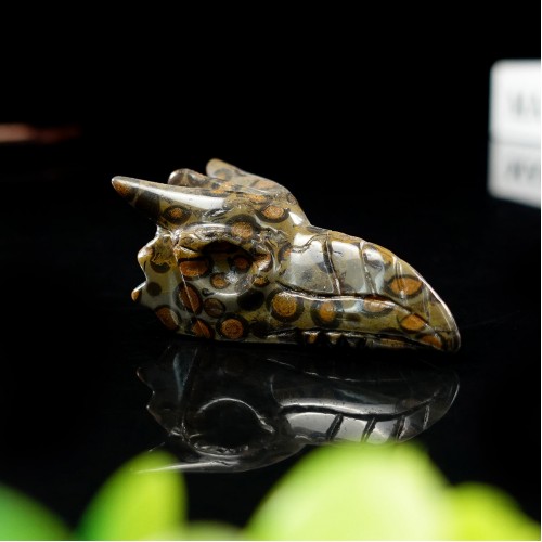 2.5" Phoenix Bird Head Skull Leopard Skin Stone Carved Natural Crystal Statue