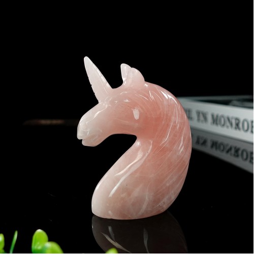 4" Unicorn Horse Head Skull Rose Quartz Carved Natural Crystal Status