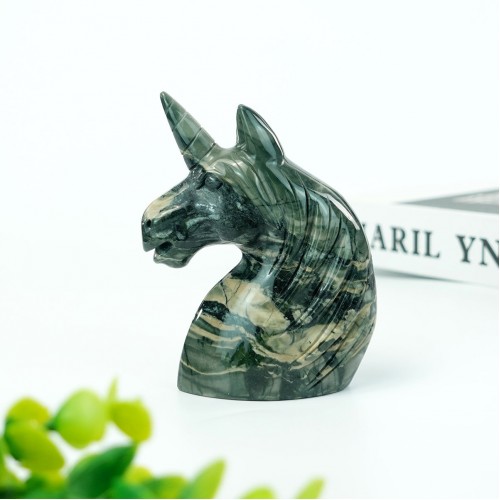 4" Unicorn Horse Head Skull Nine Dragon Jade Carved Natural Crystal Status