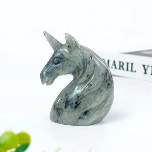 4" Unicorn Horse Head Skull Labradorite Hand Carved Natural Crystal Status Quartz