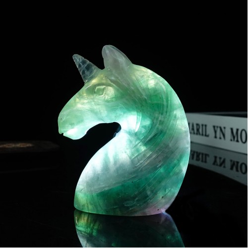 4" Unicorn Horse Head Skull Green Fluorite Carved Natural Crystal Status Quartz