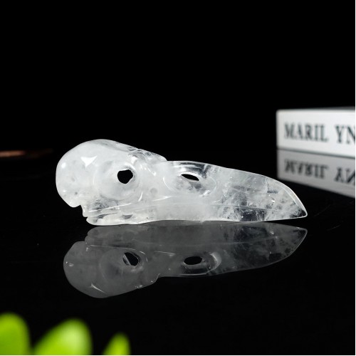 5" Ravens Skull Carved Angola Quartz Stone Natural Crystal Statue Chakra Healing