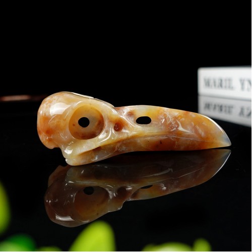 5" Ravens Skull Carved Yellow Chalcedony Jasper Natural Crystal Statue Healing