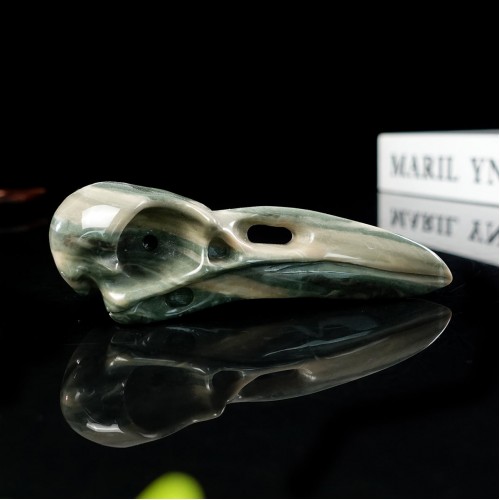 5" Ravens Skull Carved Nine Dragon Jade Stone Natural Crystal Statue Healing