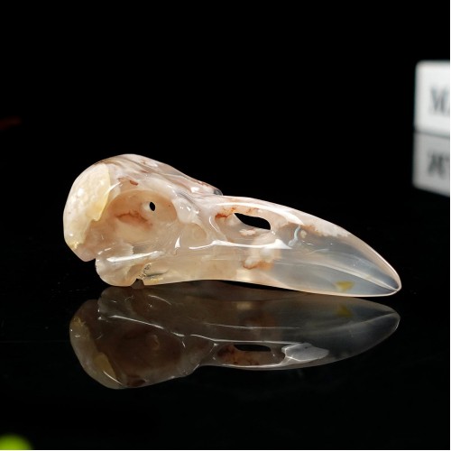 3.5" Ravens Skull Carved Sakura Agate Quartz Stone Natural Crystal Statue Healing