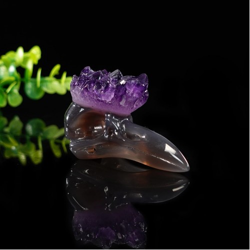 2.75" Ravens Realistic Skull Head Hand Carved Amethyst Quartz Geode Druse Clust Natural Crystal